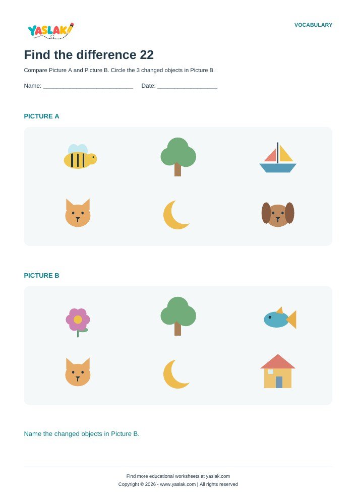 Find the difference 22 worksheet with YASLAK logo and copyright