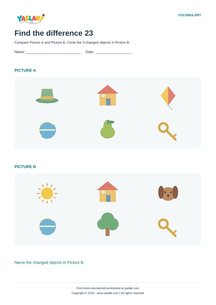 Find the difference 23 worksheet with YASLAK logo and copyright