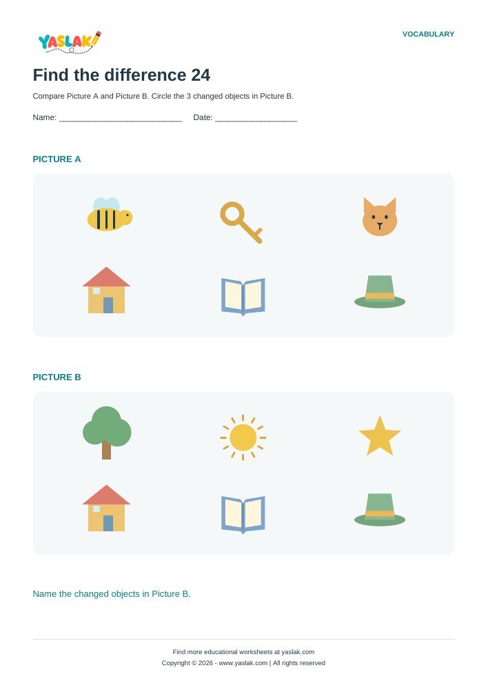 Find the difference 24 worksheet with YASLAK logo and copyright