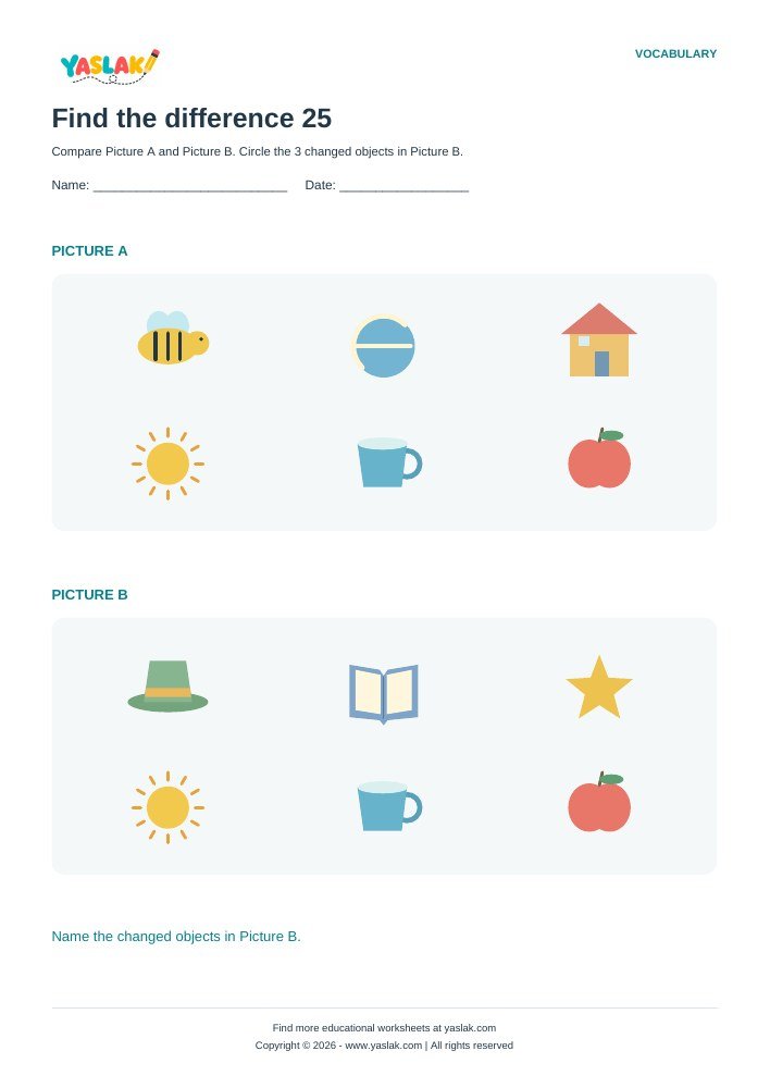 Find the difference 25 worksheet with YASLAK logo and copyright