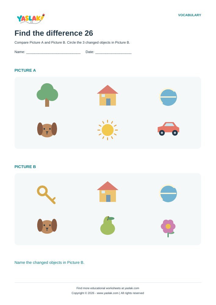 Find the difference 26 worksheet with YASLAK logo and copyright