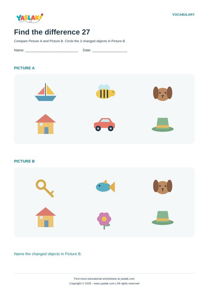 Find the difference 27 worksheet with YASLAK logo and copyright