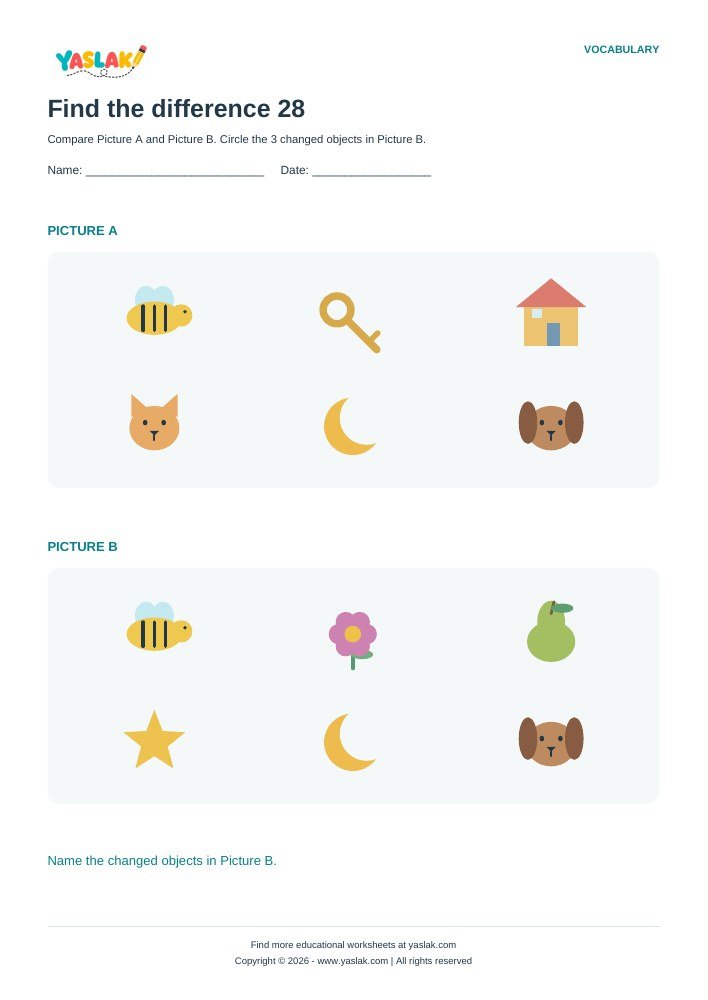 Find the difference 28 worksheet with YASLAK logo and copyright
