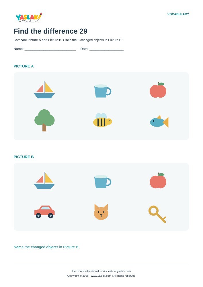 Find the difference 29 worksheet with YASLAK logo and copyright