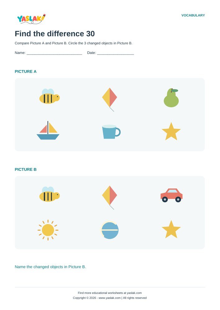 Find the difference 30 worksheet with YASLAK logo and copyright