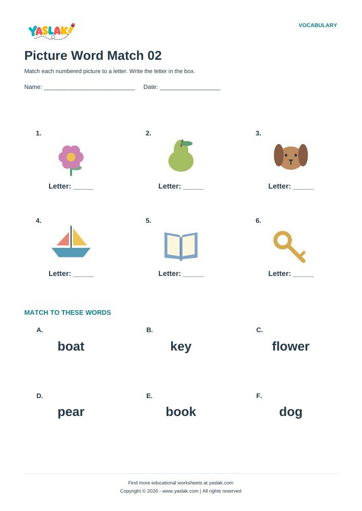 Picture Word Match 02 worksheet with YASLAK logo and copyright