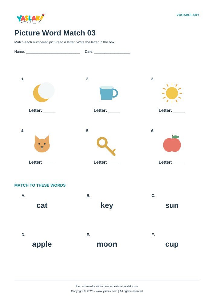 Picture Word Match 03 worksheet with YASLAK logo and copyright