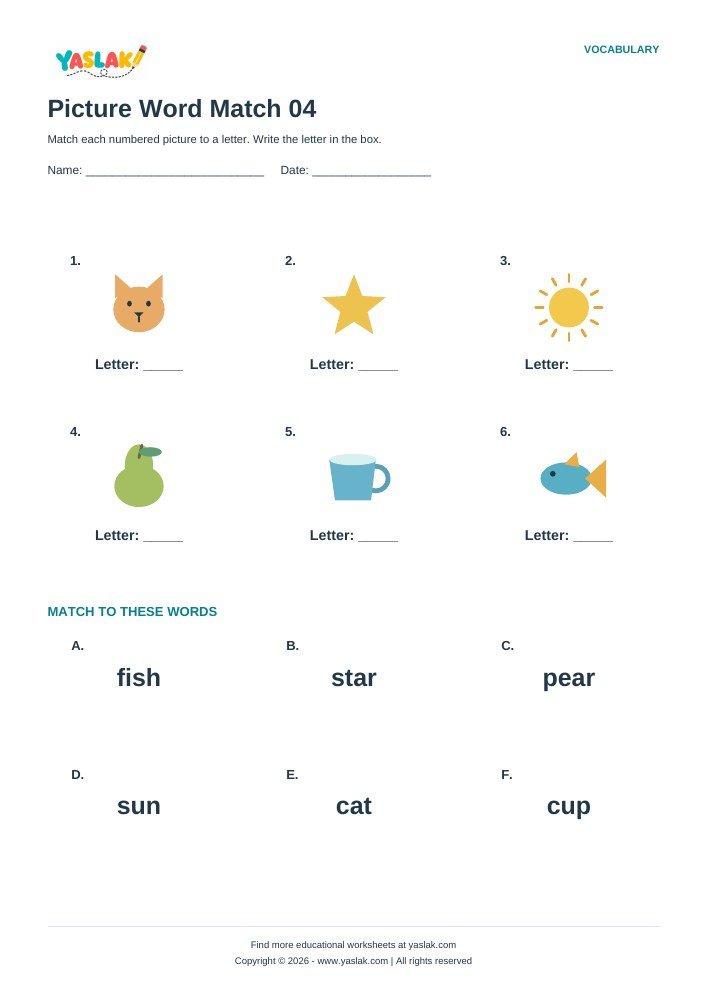 Picture Word Match 04 worksheet with YASLAK logo and copyright