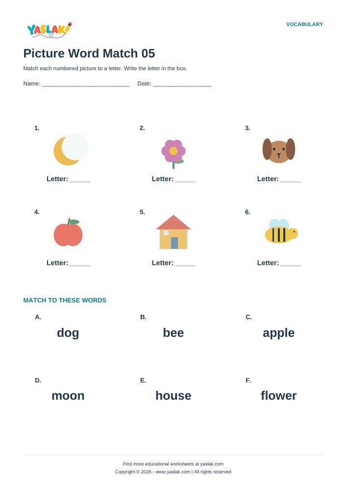 Picture Word Match 05 worksheet with YASLAK logo and copyright