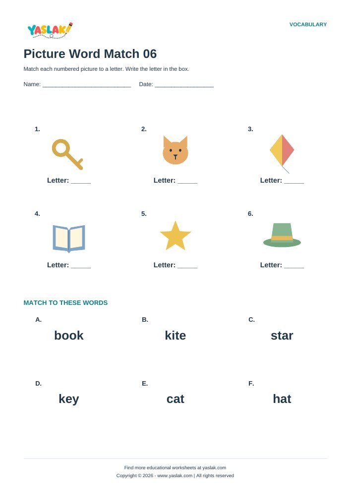 Picture Word Match 06 worksheet with YASLAK logo and copyright