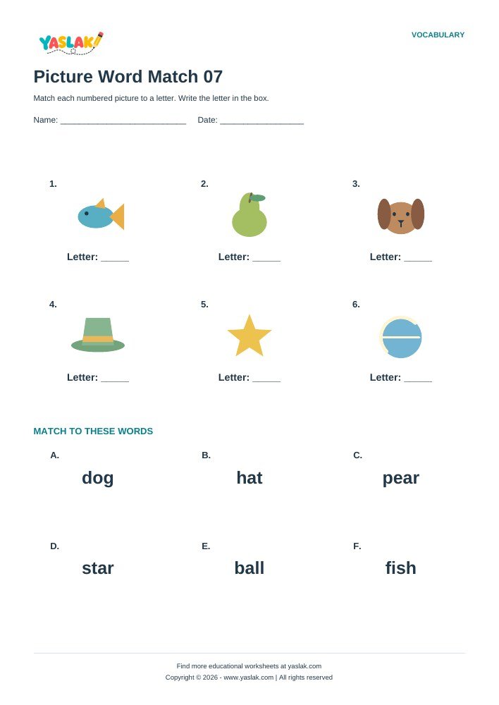 Picture Word Match 07 worksheet with YASLAK logo and copyright