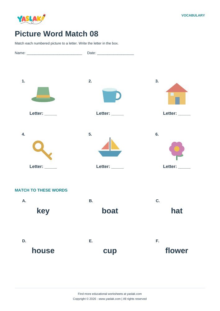 Picture Word Match 08 worksheet with YASLAK logo and copyright