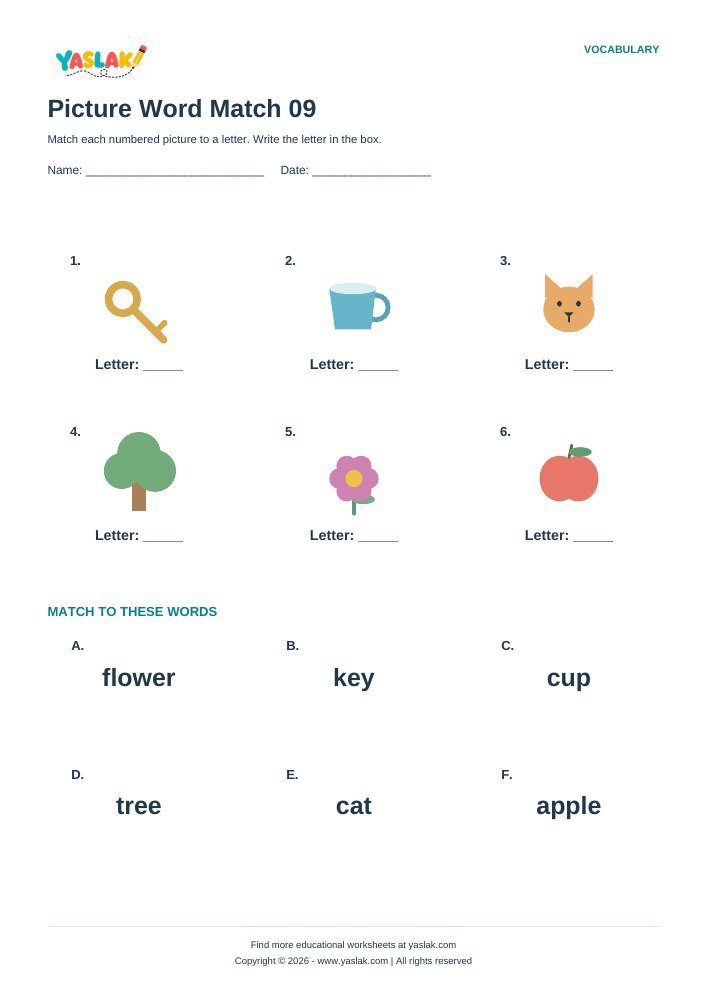 Picture Word Match 09 worksheet with YASLAK logo and copyright