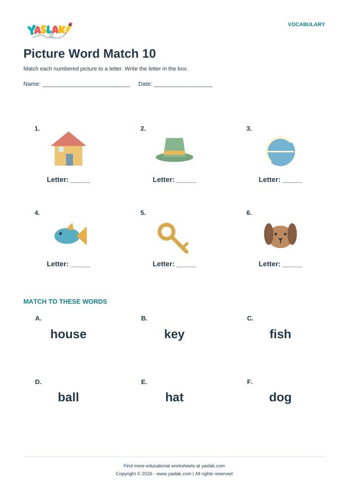 Picture Word Match 10 worksheet with YASLAK logo and copyright