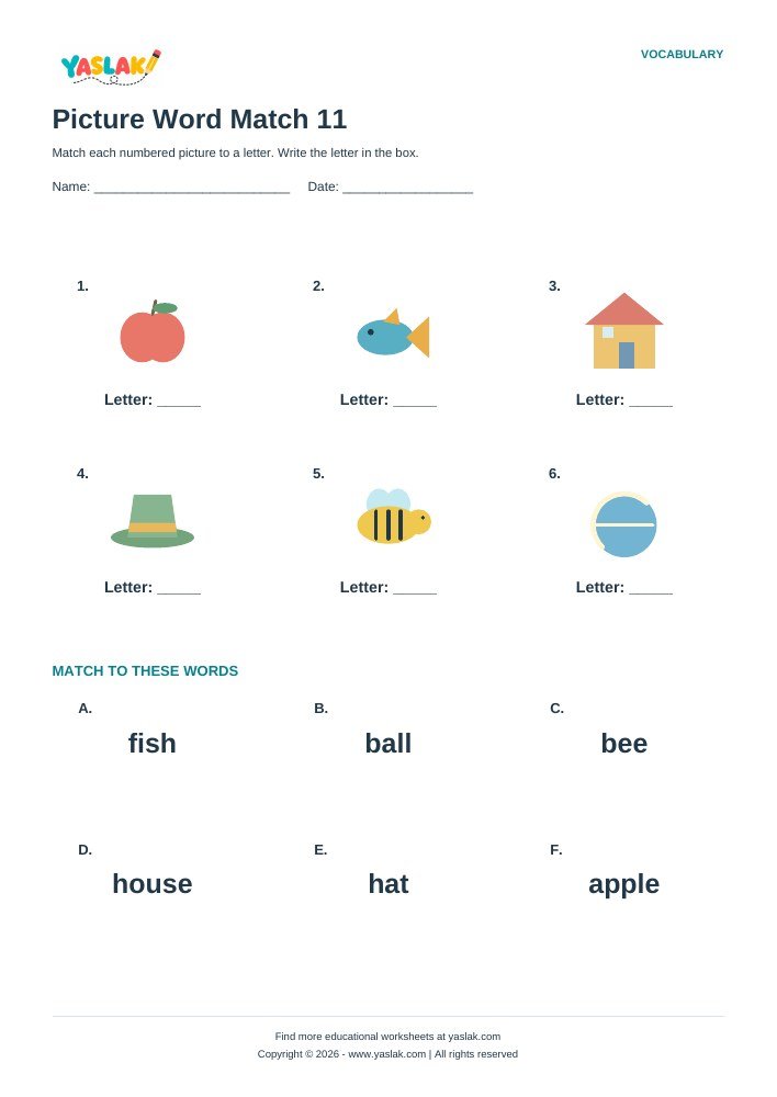 Picture Word Match 11 worksheet with YASLAK logo and copyright