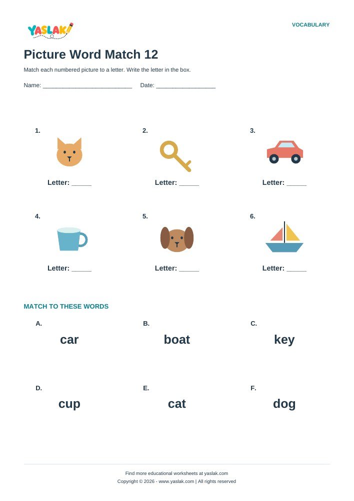 Picture Word Match 12 worksheet with YASLAK logo and copyright