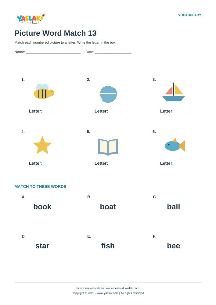 Picture Word Match 13 worksheet with YASLAK logo and copyright