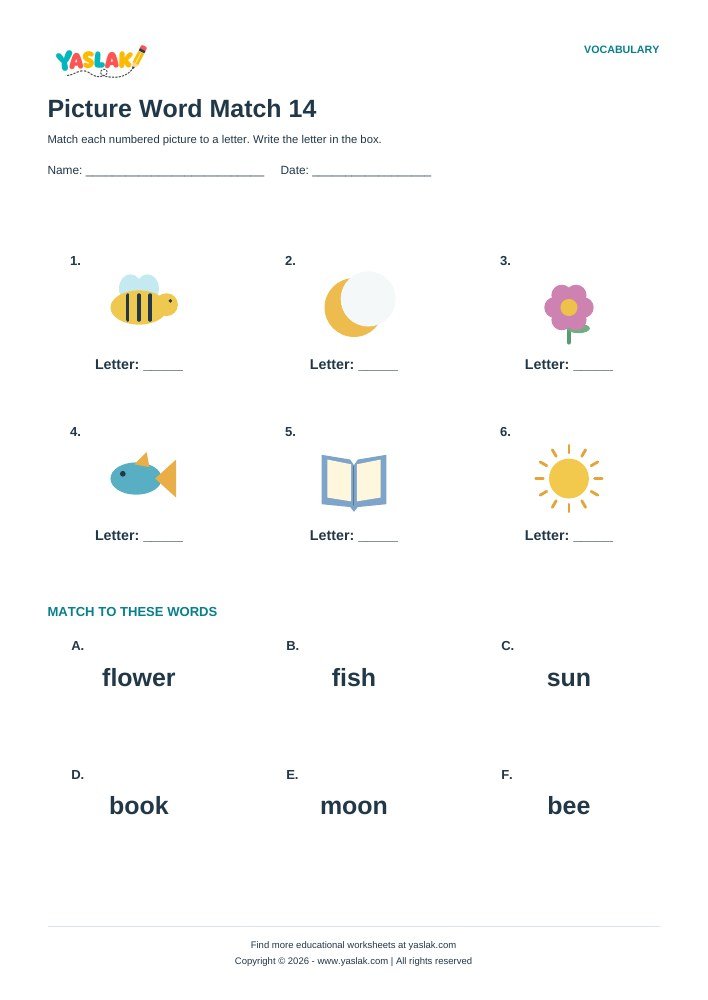 Picture Word Match 14 worksheet with YASLAK logo and copyright