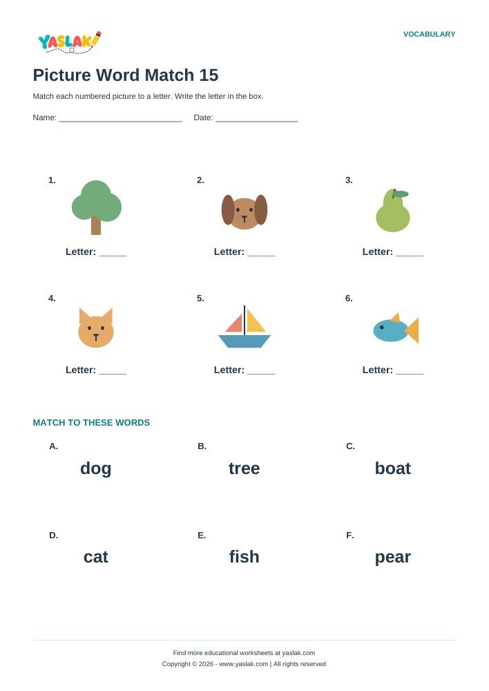 Picture Word Match 15 worksheet with YASLAK logo and copyright