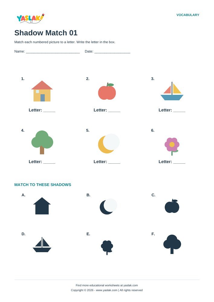 Shadow Match 01 worksheet with YASLAK logo and copyright