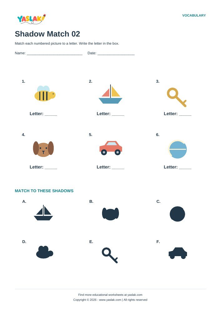 Shadow Match 02 worksheet with YASLAK logo and copyright