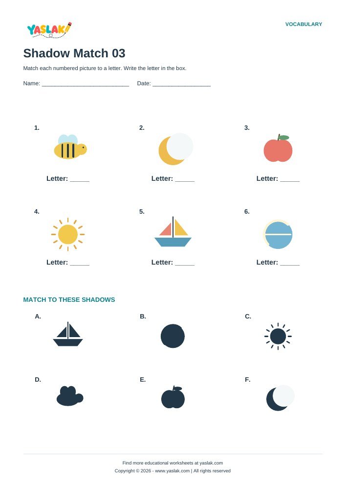 Shadow Match 03 worksheet with YASLAK logo and copyright