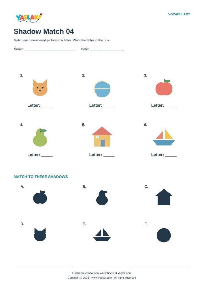 Shadow Match 04 worksheet with YASLAK logo and copyright