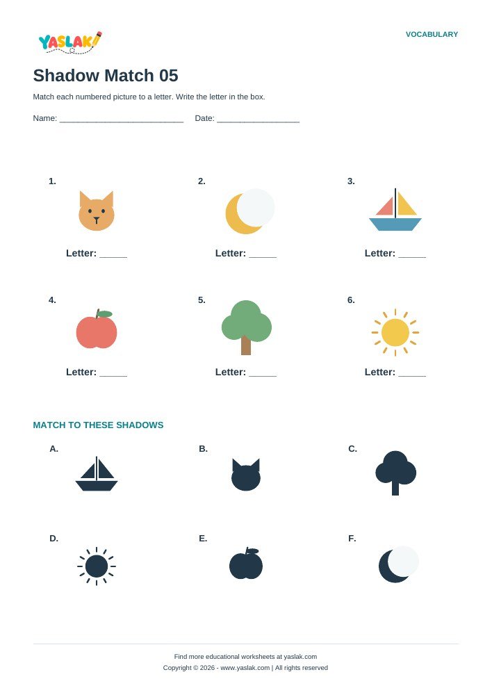 Shadow Match 05 worksheet with YASLAK logo and copyright