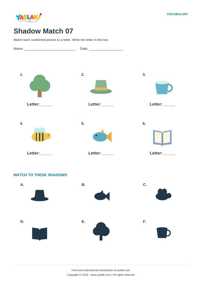 Shadow Match 07 worksheet with YASLAK logo and copyright