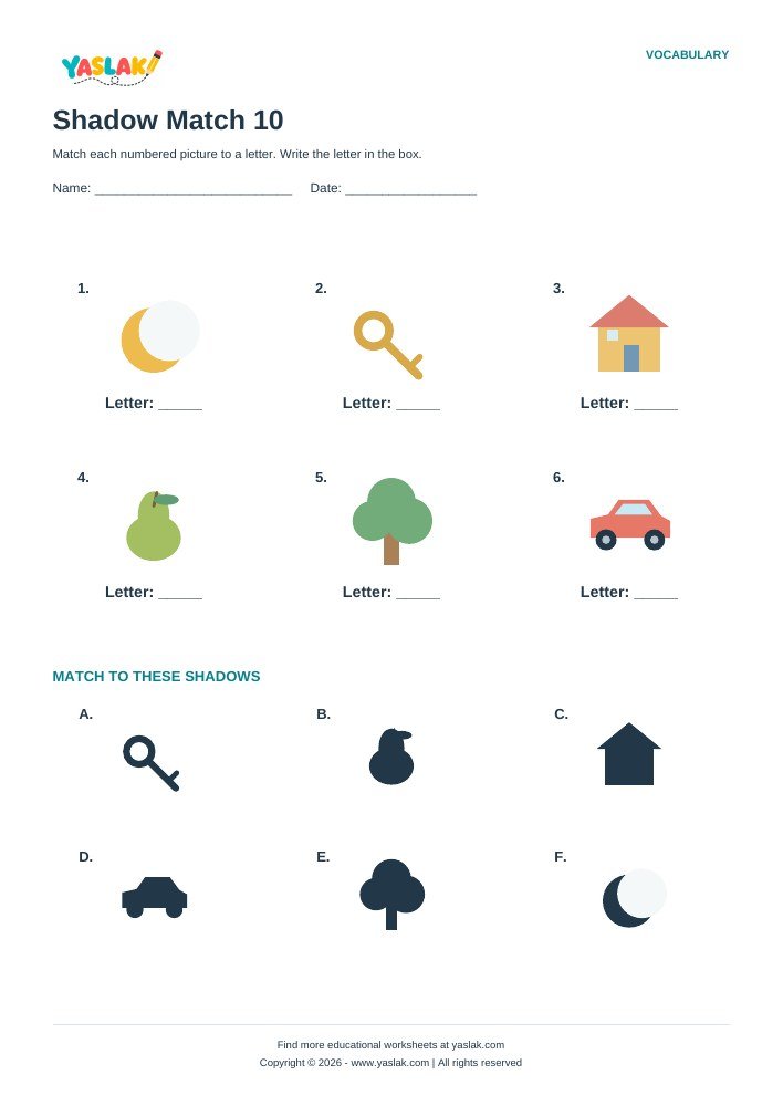Shadow Match 10 worksheet with YASLAK logo and copyright