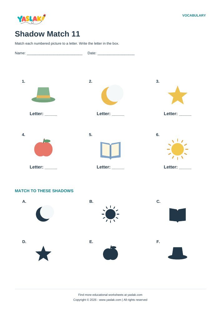 Shadow Match 11 worksheet with YASLAK logo and copyright