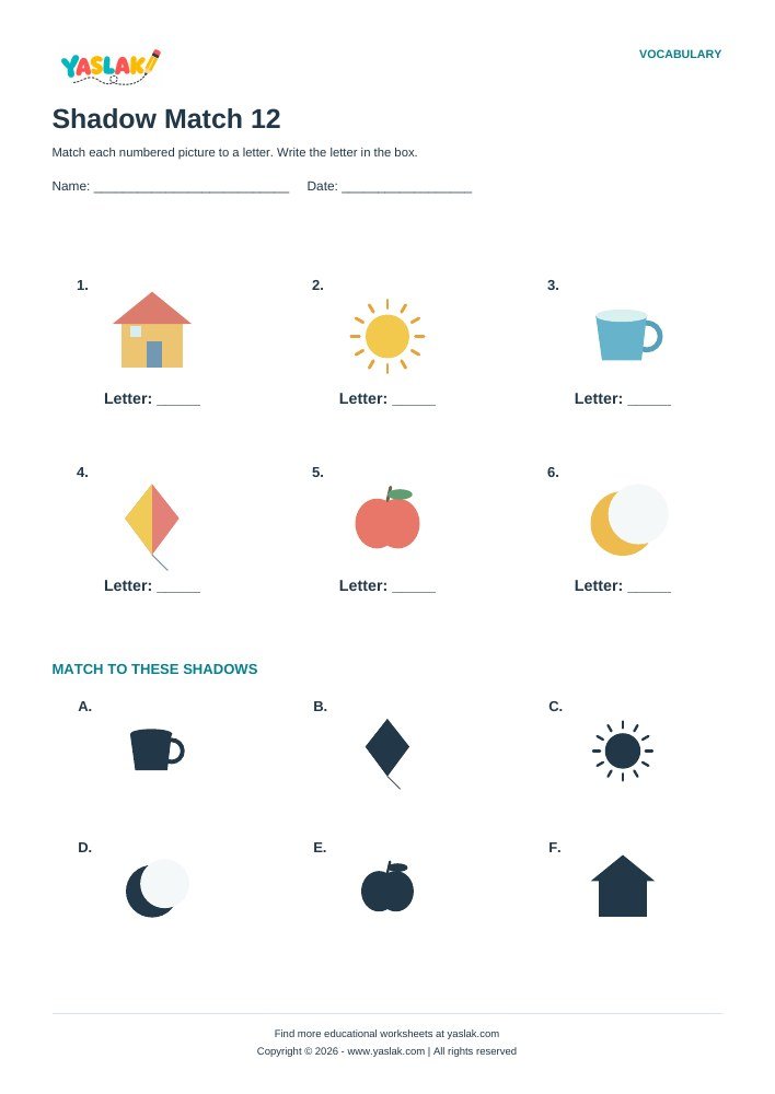 Shadow Match 12 worksheet with YASLAK logo and copyright