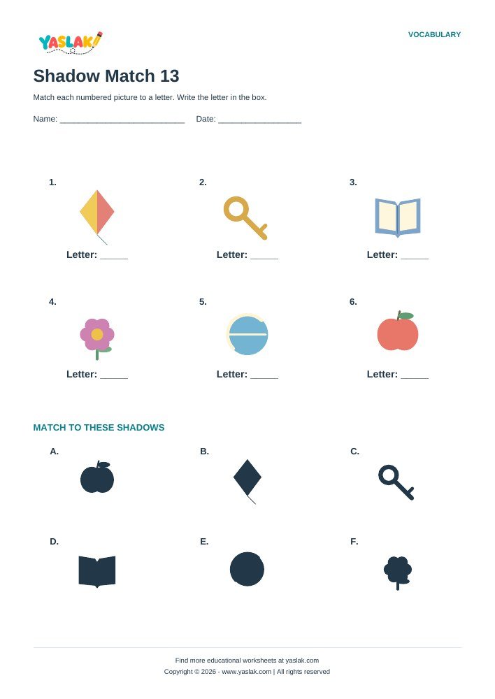 Shadow Match 13 worksheet with YASLAK logo and copyright