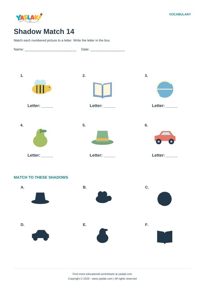 Shadow Match 14 worksheet with YASLAK logo and copyright