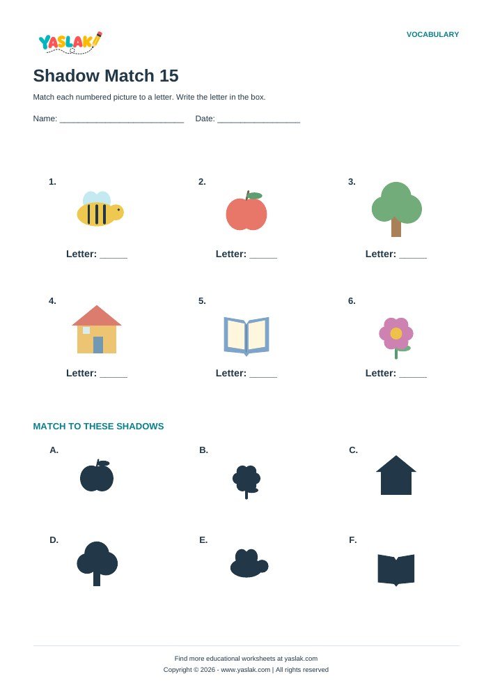 Shadow Match 15 worksheet with YASLAK logo and copyright