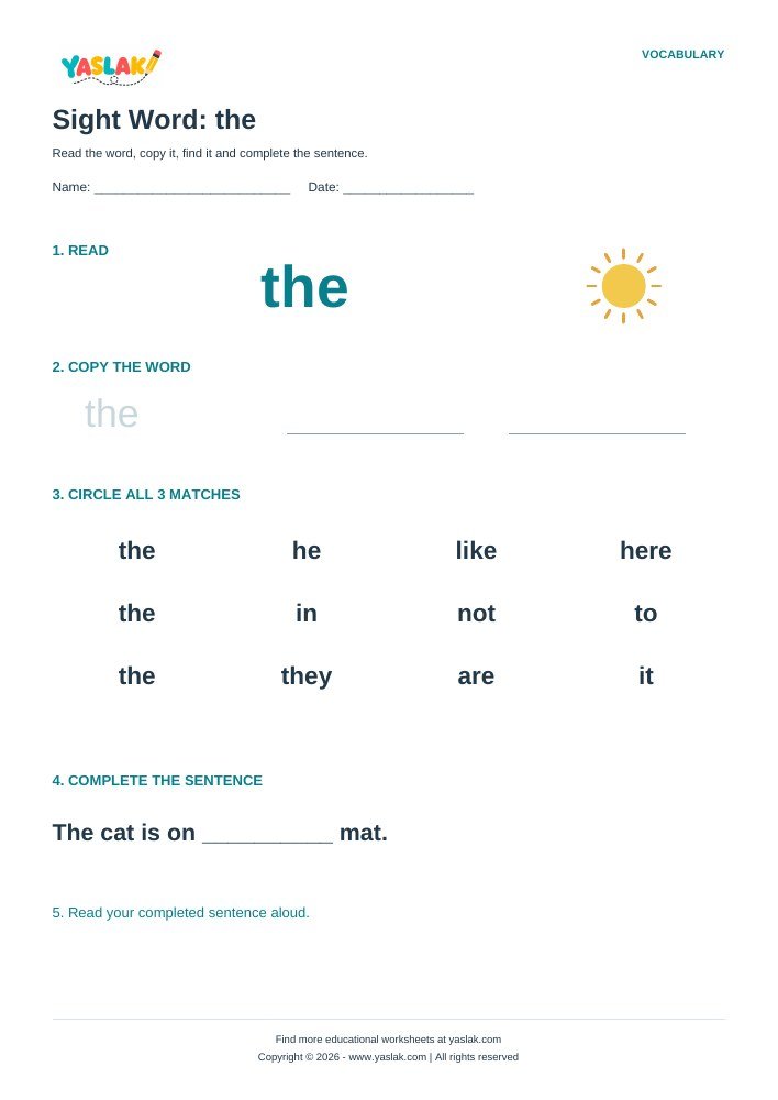 Sight Word: the worksheet with YASLAK logo and copyright