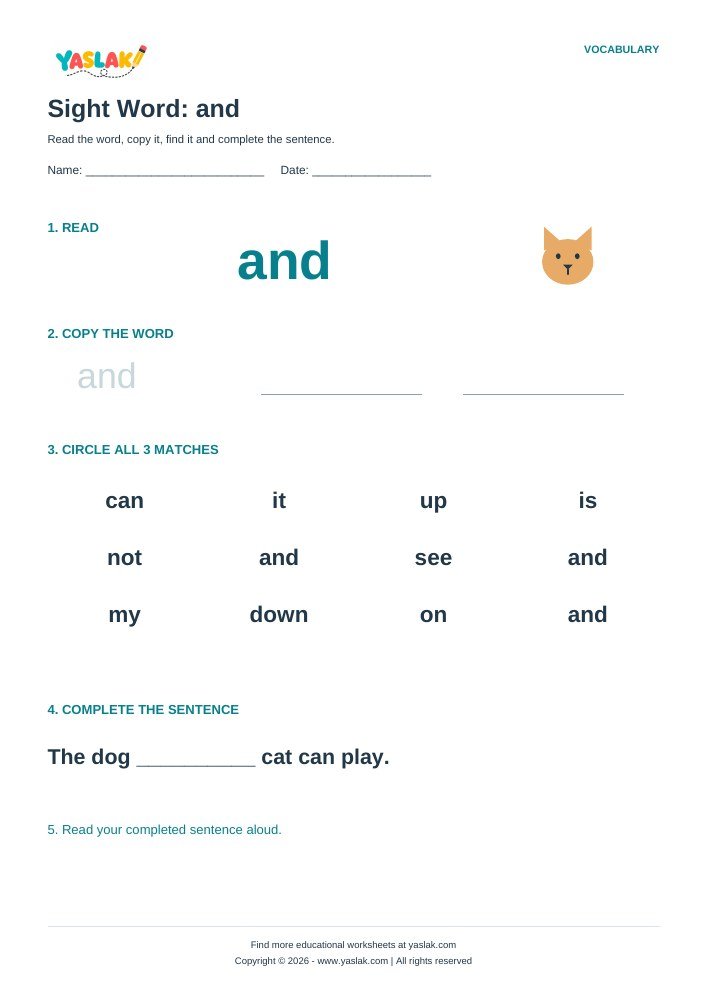 Sight Word: and worksheet with YASLAK logo and copyright