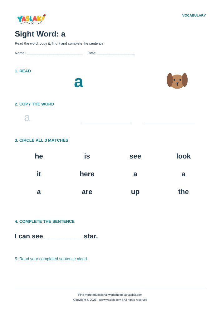 Sight Word: a worksheet with YASLAK logo and copyright