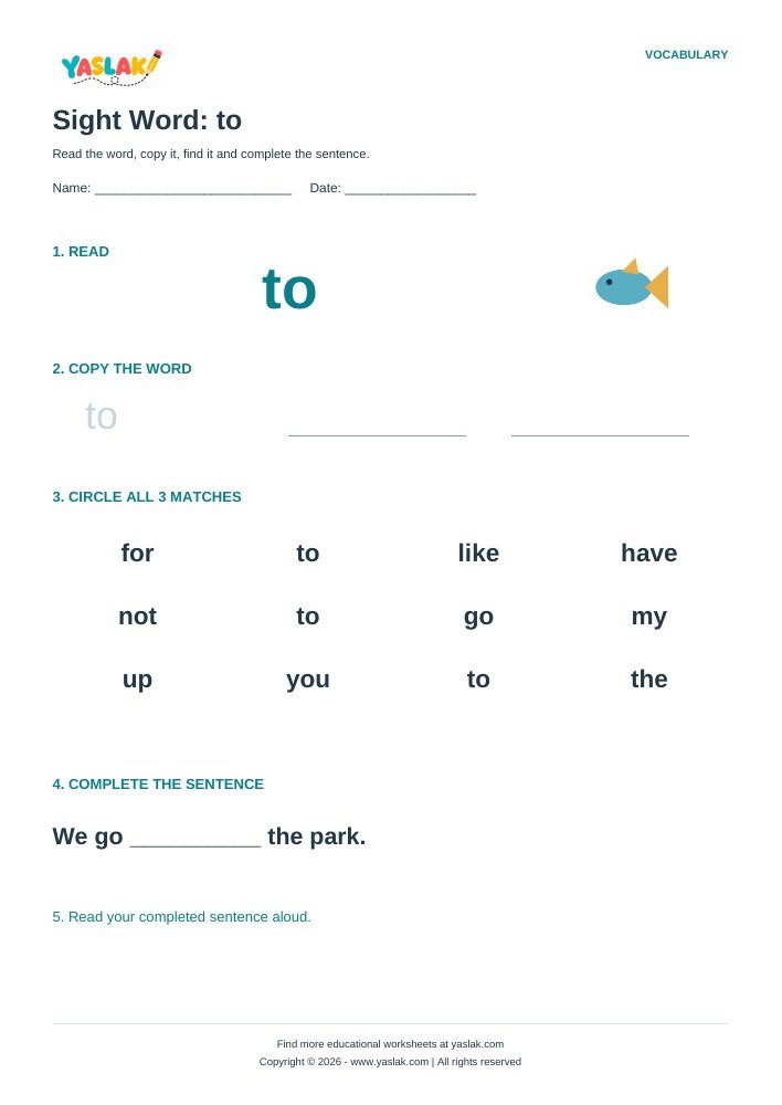 Sight Word: to worksheet with YASLAK logo and copyright