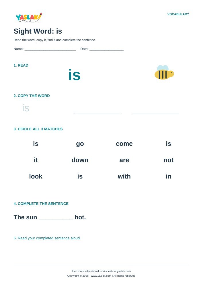 Sight Word: is worksheet with YASLAK logo and copyright