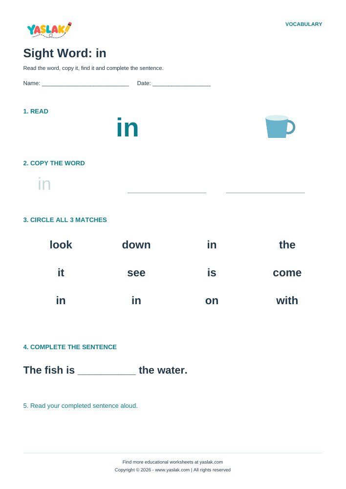 Sight Word: in worksheet with YASLAK logo and copyright