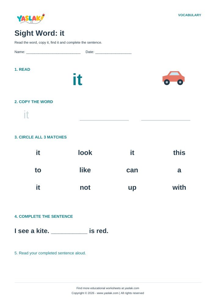 Sight Word: it worksheet with YASLAK logo and copyright