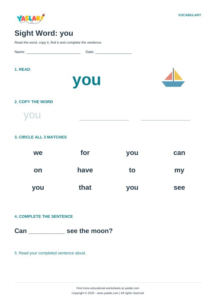 Sight Word: you worksheet with YASLAK logo and copyright