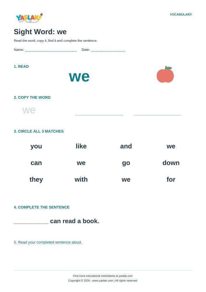 Sight Word: we worksheet with YASLAK logo and copyright