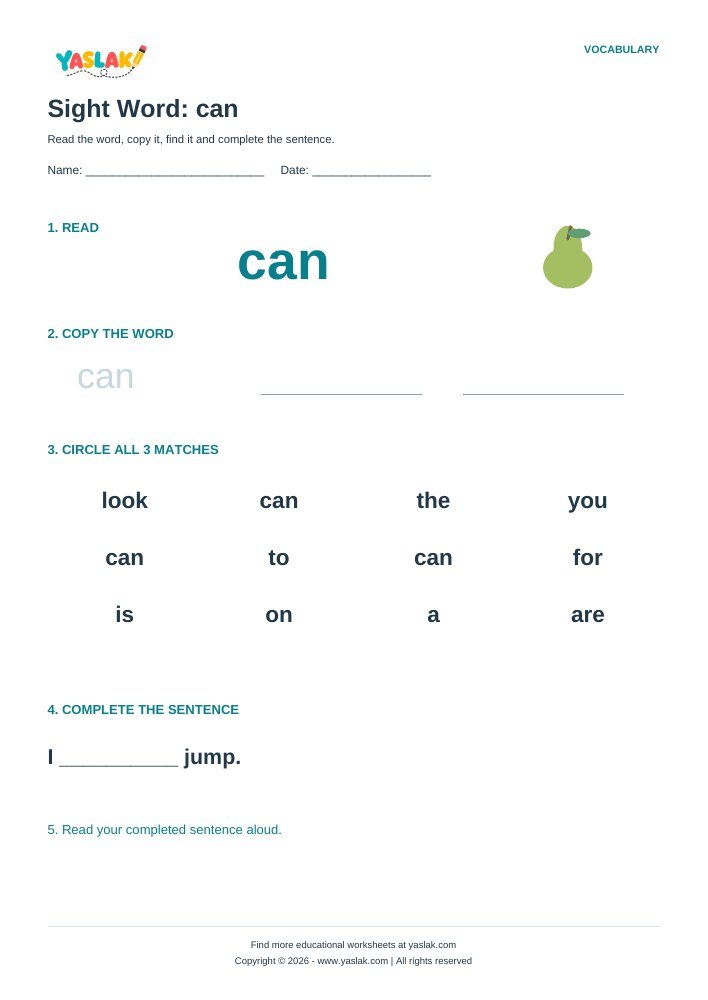 Sight Word: can worksheet with YASLAK logo and copyright