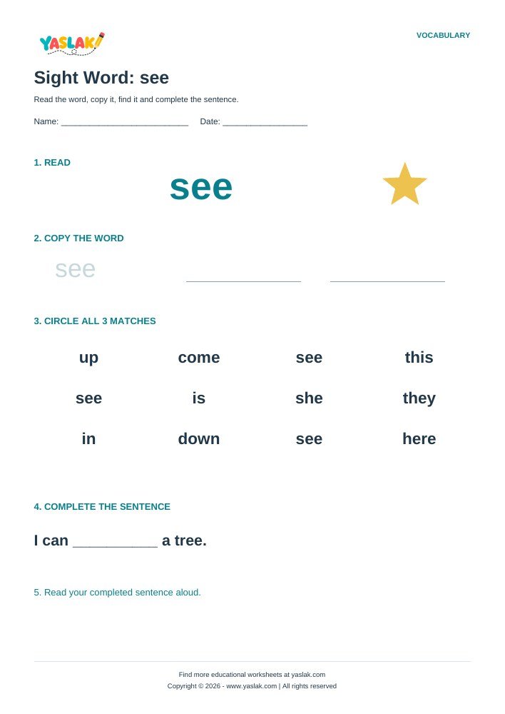 Sight Word: see worksheet with YASLAK logo and copyright