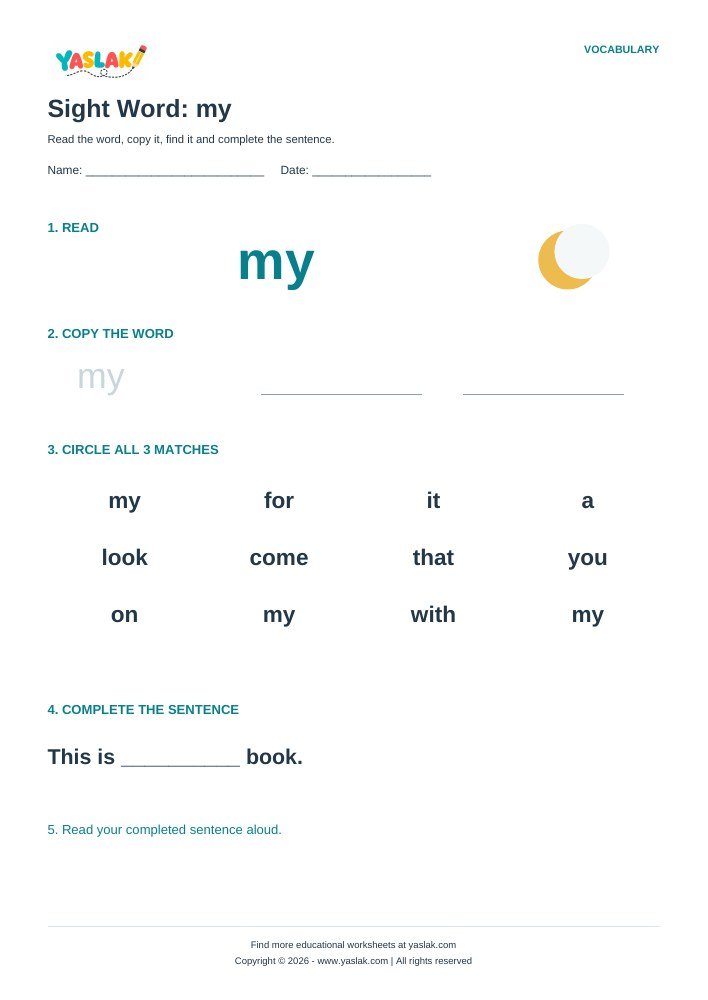 Sight Word: my worksheet with YASLAK logo and copyright