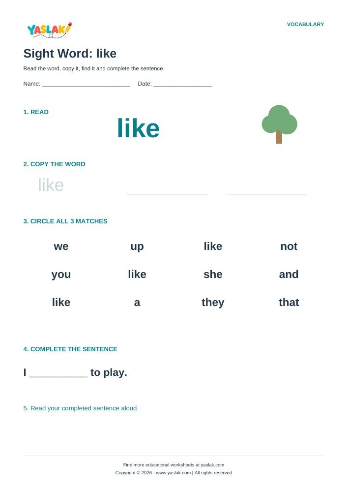 Sight Word: like worksheet with YASLAK logo and copyright