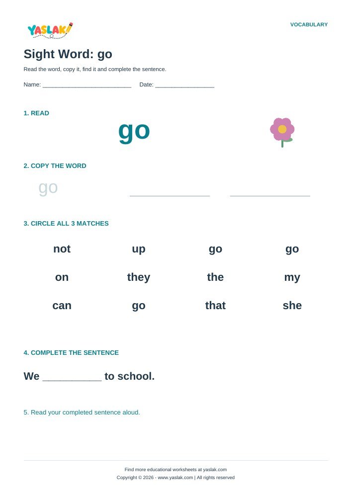 Sight Word: go worksheet with YASLAK logo and copyright