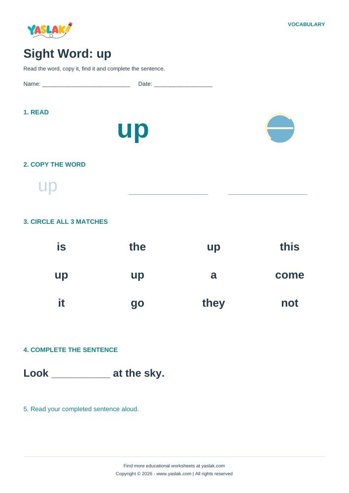 Sight Word: up worksheet with YASLAK logo and copyright